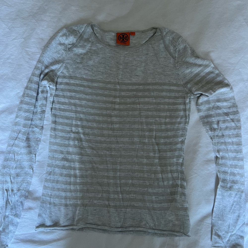 Tory Burch Cotton Silver White Metallic Long Sleeve T Shirt Top Size Small